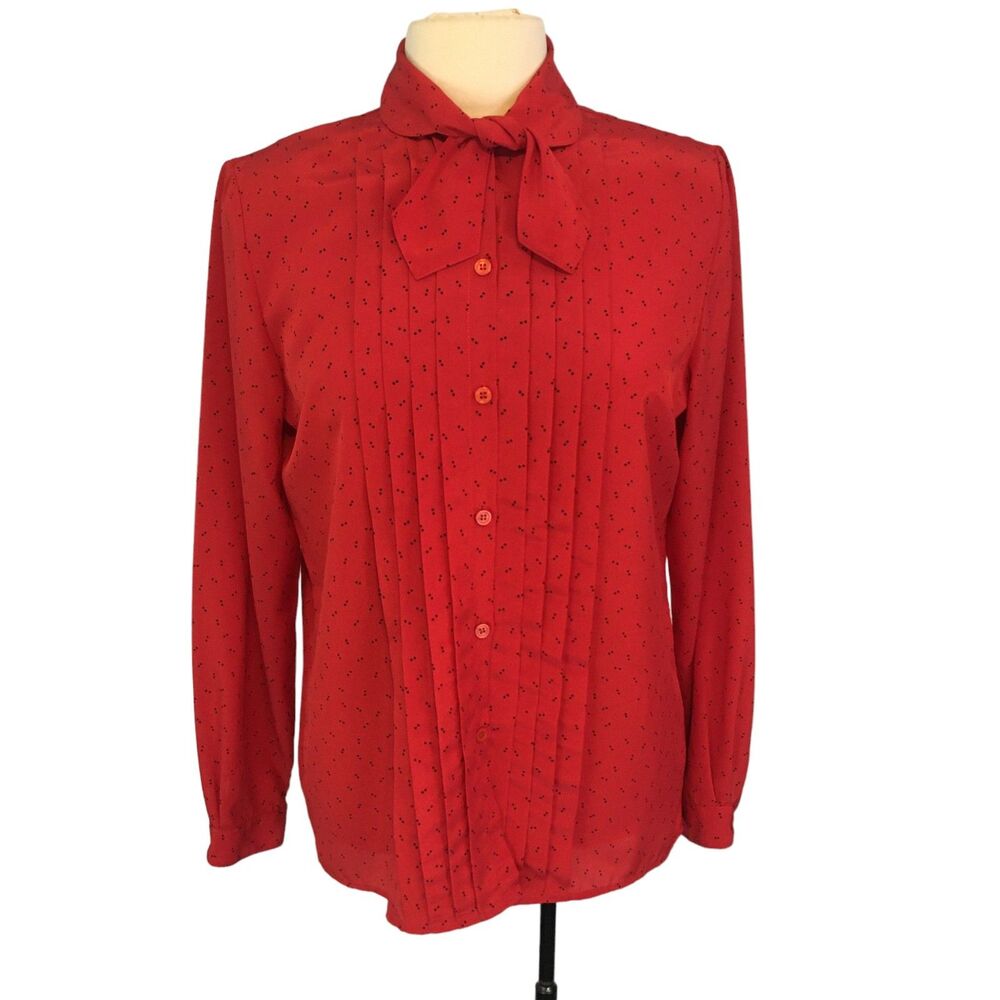 Jones New York Vintage Red Secretary Blouse, Pleated front,‎ Bow, Long Sleeve 10